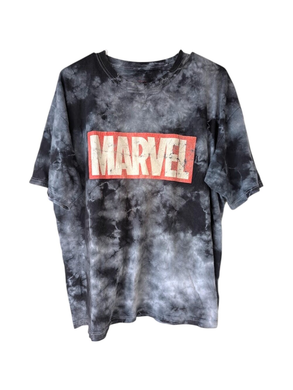 Marvel Tie Dye Graphic T-Shirt Mens XL Black Gray Vintage Style Boxy Tee 24x26.5